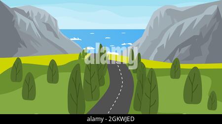 Illustration vectorielle de paysage de mer, de montagne et de route. Arrière-plan de la nature. Autoroute vers l'océan Illustration de Vecteur