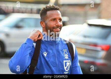 NOTTINGHAM, ROYAUME-UNI. 15 SEPT Cafu de la forêt de Nottingham arrive devant le match de championnat de Sky Bet entre la forêt de Nottingham et Middlesbrough au City Ground, Nottingham, le mercredi 15 septembre 2021. (Credit: Jon Hobley | MI News) Credit: MI News & Sport /Alay Live News Banque D'Images