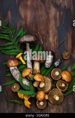 Champignons sauvages frais non cuits sur fond de bois rustique, espace copie Banque D'Images