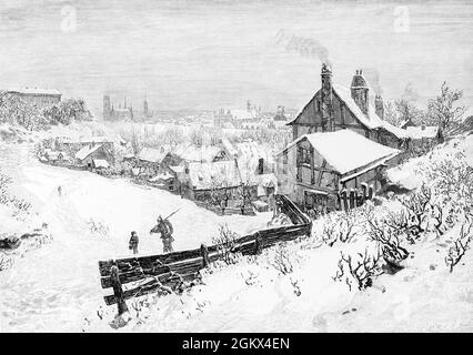 Vue d'hiver de l'ancien Danzig de Gedansk, couvert de neige, sur la Motlawa, sur la côte Baltique, illustration historique 1880, Banque D'Images