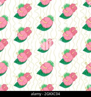 Motif vectoriel sans couture avec fleurs d'hibiscus et feuilles de palmier. Motif de fleurs tropicales pour impression sur tissu. Illustration de Vecteur