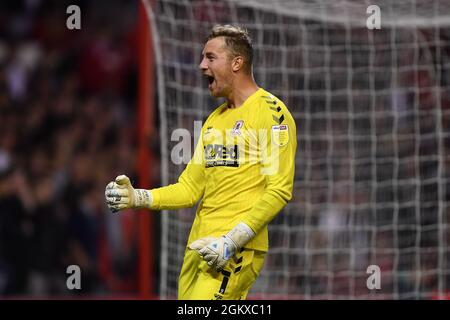 NOTTINGHAM, ROYAUME-UNI. 15 SEPT Joe Lumley de Middlesbrough fête après sa cote un but pour le faire 0-1 pendant le match de championnat de Sky Bet entre Nottingham Forest et Middlesbrough au City Ground, Nottingham, le mercredi 15 septembre 2021. (Credit: Jon Hobley | MI News) Credit: MI News & Sport /Alay Live News Banque D'Images