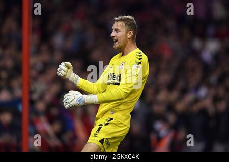 NOTTINGHAM, ROYAUME-UNI. 15 SEPT Joe Lumley de Middlesbrough fête après sa cote un but pour le faire 0-1 pendant le match de championnat de Sky Bet entre Nottingham Forest et Middlesbrough au City Ground, Nottingham, le mercredi 15 septembre 2021. (Credit: Jon Hobley | MI News) Credit: MI News & Sport /Alay Live News Banque D'Images