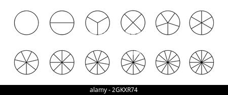 Cercles divisés en segments de 1 à 12 isolés sur fond blanc. Formes rondes de tarte ou de pizza coupées en tranches égales dans le style de contour. Exemples d'organigramme simples. Illustration linéaire vectorielle. Illustration de Vecteur