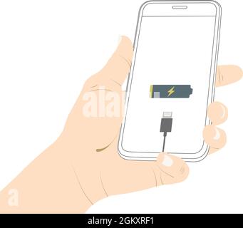 Batterie faible, smartphone, tablette, GSM, filaire, illustration de la mallette, de la charge, du chargeur, de l'adaptateur de charge, du vecteur de puissance inférieur. Illustration de Vecteur