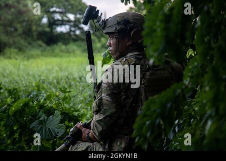 BARRIGADA, Guam -- Un béret vert affecté au 1er Bataillon, 1er Groupe des forces spéciales (Airborne), scanne le woodline pour l'activité ennemie pendant le défenseur du Pacifique 21 juillet 30, 2021. DP21 est l'un des nombreux exercices et activités de l'Armée de terre des États-Unis dans le Pacifique qui ont lieu au cours de l'été 2021 et qui met en œuvre la Stratégie de défense nationale en intégrant la puissance terrestre dans l'Indo-Pacifique pour permettre à la Force conjointe; établir la confiance et l'interopérabilité avec les alliés et les partenaires; et d'utiliser des capacités multidomaines émergentes pour soutenir l'innovation et l'expérimentation. Banque D'Images