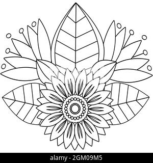 Image florale en noir et blanc pour les livres de coloriage pour adultes. Page de coloriage de fleurs et de feuilles monochromes. Motif de gribouillages Illustration de Vecteur