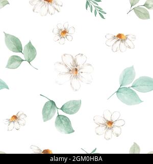 Motif aquarelle sans couture feuilles et fleurs d'automne sur fond blanc. Aquarelle peinture d'art à la main pour la décoration dans le festival d'automne, Illustration de Vecteur