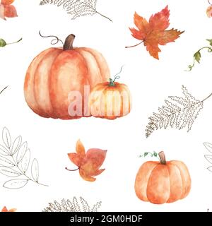 Motif d'automne sans couture aquarelle sur fond blanc. Aquarelle peinte à la main avec des feuilles de citrouille et d'érable pour un motif décoratif dans l'autum Illustration de Vecteur