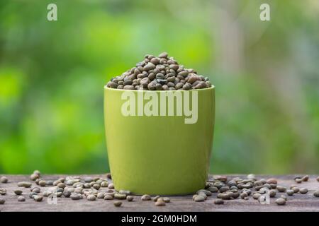 grains de café crus verts séchés dans une tasse verte, placés sur une surface de table en bois à l'extérieur, pris dans une faible profondeur de champ sur un fond naturel Banque D'Images