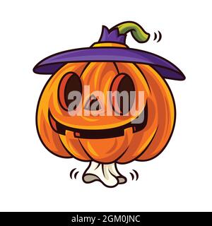 Joyeux halloween avec un joli dessin animé drôle citrouille portant chapeau de sorcière. Caractère vectoriel Illustration de Vecteur