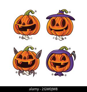 Ensemble de dessins animés de citrouilles d'halloween mignonnes avec différents visages drôles et costumes d'halloween. Ensemble d'halloween à personnages vectoriels. Illustration de Vecteur
