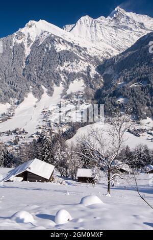 FRANCE HAUTE-SAVOIE (74) SAINT-GERVAIS, HAMEAUX DE LA GRUVAZ ET TRESSE ET PIC DU BIONNASSAY, MASSIF DU MONT BLANC, VU DE SAINT-NICOLAS-DE-VEROCE Banque D'Images