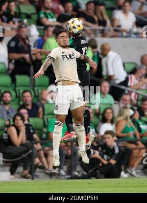 Austin, Texas, États-Unis. 15 septembre 2021 : le FC de Los Angeles avance Cristian Arango (29) dirige le ballon lors d'un match de football de ligue majeure entre le FC d'Austin et le LAFA le 15 septembre 2021 à Austin, Texas. (Credit image: © Scott Coleman/ZUMA Press Wire) Credit: ZUMA Press, Inc./Alamy Live News Banque D'Images