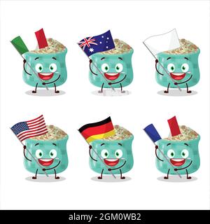 Le personnage de dessin animé au romarin séché apporte les drapeaux de divers pays. Illustration vectorielle Illustration de Vecteur
