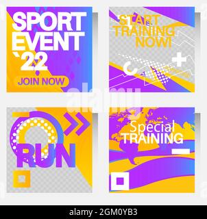 Modèles de bannières de réseaux sociaux de sport violets et jaunes avec un style unique. Collection de brochures commerciales. Dépliant, prospectus, couverture de livre, présentation, carte Illustration de Vecteur