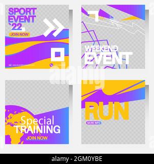 Modèles de bannières de réseaux sociaux de sport violets et jaunes avec un style unique. Collection de brochures commerciales. Dépliant, prospectus, couverture de livre, présentation, carte Illustration de Vecteur