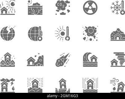 Ensemble d'icônes de gris catastrophe naturelle. Sécheresse, réchauffement de la planète, pollution et plus encore. Illustration de Vecteur