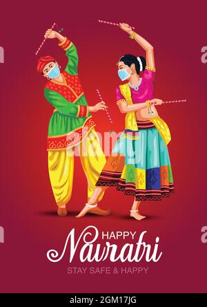 Garba affiche de nuit pour le festival Navratri Dussehra de l'Inde. Illustration vectorielle du couple jouant la danse Dandiya. Concept de virus corona covid. Illustration de Vecteur