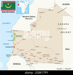 carte routière à vecteur de mauritanie avec drapeau Illustration de Vecteur