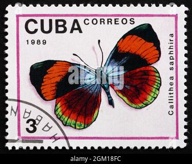 CUBA - VERS 1989 : un timbre imprimé à Cuba montre Calithea Saphhira, Butterfly, vers 1989 Banque D'Images