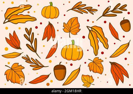 motif d'automne vectoriel avec feuilles, glands et potiron dessinés à la main Illustration de Vecteur