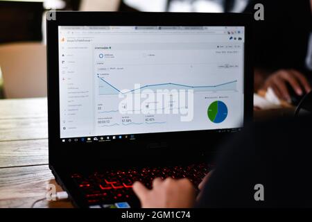 le collaborateur vérifie le trafic des visiteurs du site web sur le rapport analytique. Analyse des données Banque D'Images