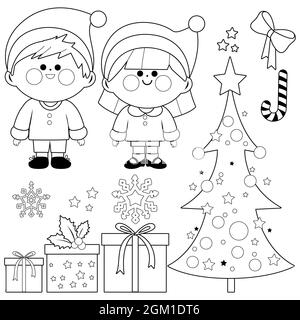 Collection de Noël avec enfants en costumes de Noël du Père Noël. Page de couleur noir et blanc. Banque D'Images