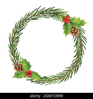 Décorations de Noël en forme de couronne style aquarelle. Baie de Holly, sapin, branche, cône de pin, épicéa, isolé sur fond blanc. Illustration de Vecteur