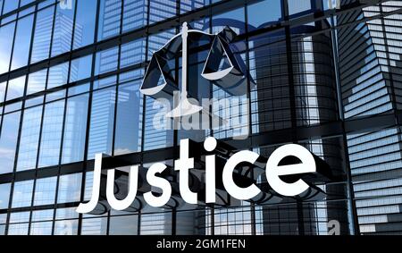 Justice - concept typographique, panneau sur bâtiment en verre - illustration 3D Banque D'Images