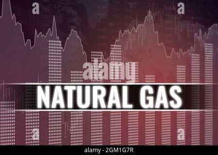 Évolution des prix sur les contrats à terme du gaz naturel (ticker NG) dans le monde sur fond financier rouge foncé. Tendance vers le haut et vers le bas. Illustration 3D. Le marché financier concende Banque D'Images