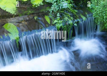 Petites chutes d'eau; chutes d'eau. Nature. Mousse générée par la cascade. Eau en mouvement. Banque D'Images