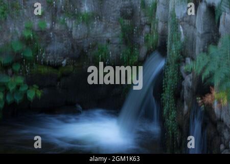 Petites chutes d'eau; chutes d'eau. Nature. Mousse générée par la cascade. Eau en mouvement. Banque D'Images