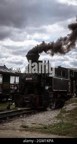 MOLDOVITA, ROUMANIE - 04 mai 2021 : un coup de feu vertical du vieux train à vapeur et chemin de fer de Mocania à Moldovita, Roumanie Banque D'Images