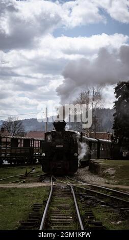 MOLDOVITA, ROUMANIE - 04 mai 2021 : un coup de feu vertical du vieux train à vapeur et chemin de fer de Mocania à Moldovita, Roumanie Banque D'Images