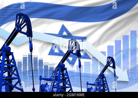 Concept de l'industrie pétrolière d'Israël, illustration industrielle - diagramme descendant sur fond de drapeau israélien. Illustration 3D Banque D'Images