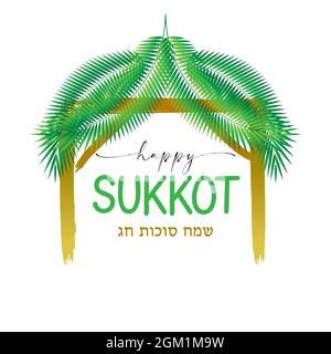 Illustration vectorielle traditionnelle de Sukkah pour les fêtes juives de Sukkkot. Salutation hébraïque pour sukkot heureux. Branches de palmier et calligraphie Illustration de Vecteur