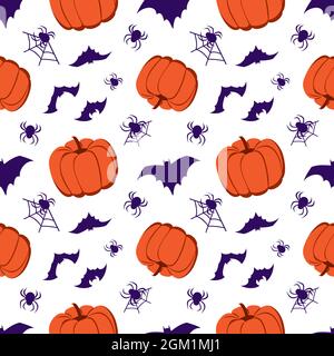 Motif sans couture avec citrouilles, chauves-souris et araignées. Décoration de fête d'Halloween. Fond festif pour le papier, le textile, les fêtes et le design Illustration de Vecteur