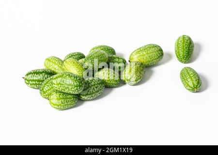 Melothria scabra, corerkin mexicain de concombre aigre isolé sur fond blanc Banque D'Images