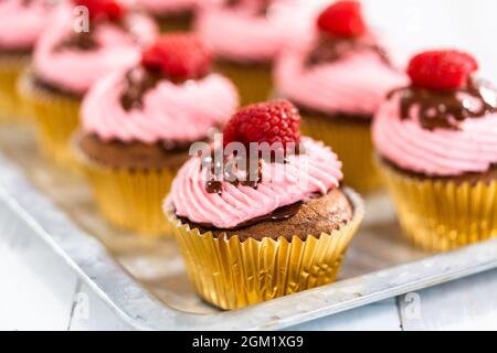 Des cupcakes au chocolat gourmets, arrosés de ganache au chocolat et recouverts d'une framboise fraîche. Banque D'Images