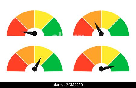 Jeu de tachymètres à vecteur couleur, débitmètre avec indicateur en vert, orange et rouge, indicateur de vitesse et icône de mesure de performance, illustration Illustration de Vecteur