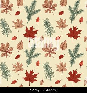 Motif automnal coloré sans couture avec feuilles d'érable et branches d'arbre de Noël. Illustration vectorielle dessinée à la main Illustration de Vecteur