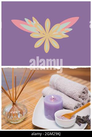 Motif floral sur fond violet et produits de bain sur table en bois Banque D'Images