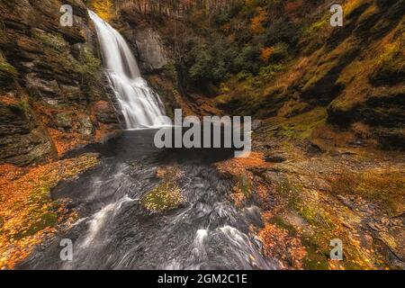 Bushkill main Falls PA - vue sur la chute d'eau principale entourée par les couleurs colorées de l'automne. Cette image est également disponible en noir et blanc. Banque D'Images