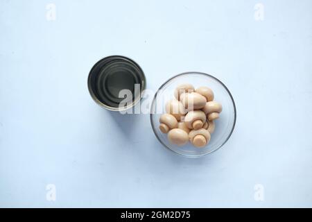 Champignons en conserve soufflez sur fond blanc Banque D'Images