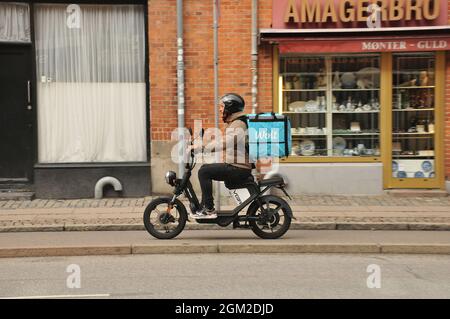 Copenhague, Danemark., 16 sept. 2021, Wolt partenaire livraison alimentaire vélo pilote dans la capitale danoise Copenhague . (Photo..Francis Joseph Dean/Dean Pictures) Banque D'Images