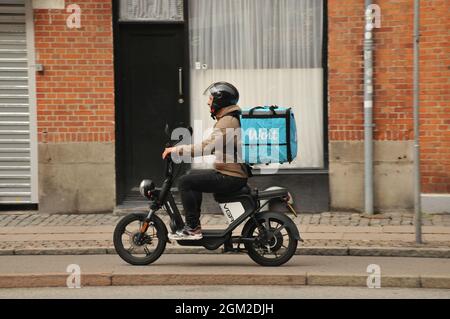 Copenhague, Danemark., 16 sept. 2021, Wolt partenaire livraison alimentaire vélo pilote dans la capitale danoise Copenhague . (Photo..Francis Joseph Dean/Dean Pictures) Banque D'Images