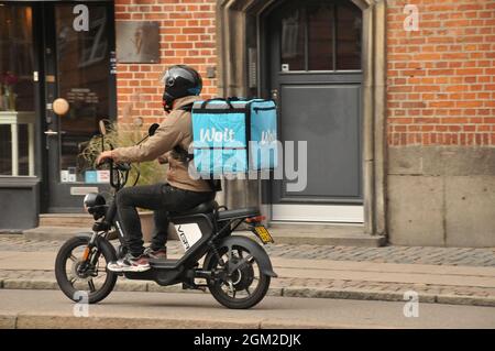 Copenhague, Danemark., 16 sept. 2021, Wolt partenaire livraison alimentaire vélo pilote dans la capitale danoise Copenhague . (Photo..Francis Joseph Dean/Dean Pictures) Banque D'Images