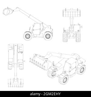 Définir avec les contours d'une chargeuse-pelleteuse à partir de lignes noires isolées sur un fond blanc. Vue de dessus, de côté, de face, isométrique. Illustration vectorielle. Illustration de Vecteur
