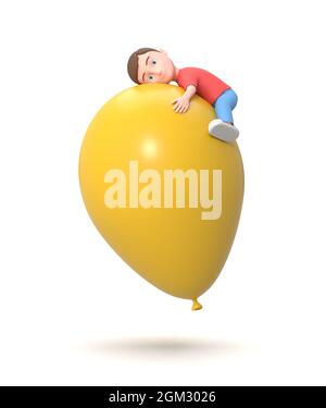 Volant mignon petit jeune enfant embrassant un ballon jaune 3D Illustration Banque D'Images